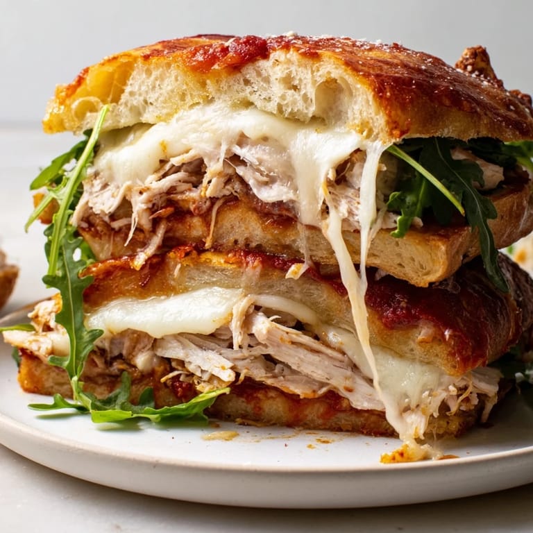 Sizzling Leftover Pizza Chicken Sandwich with golden, grilled crust and a melty, cheesy center, served hot.