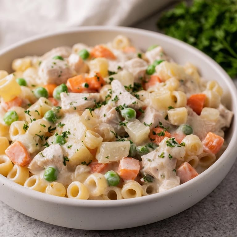 Delicious Chicken Pot Pie Pasta Soup: imagine the rich, creamy broth with vegetables and pasta.
