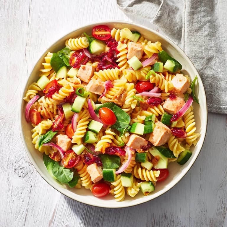 This Pasta Salad with Cranberry Vinaigrette showcases colorful rotini, chicken, and a tangy dressing.