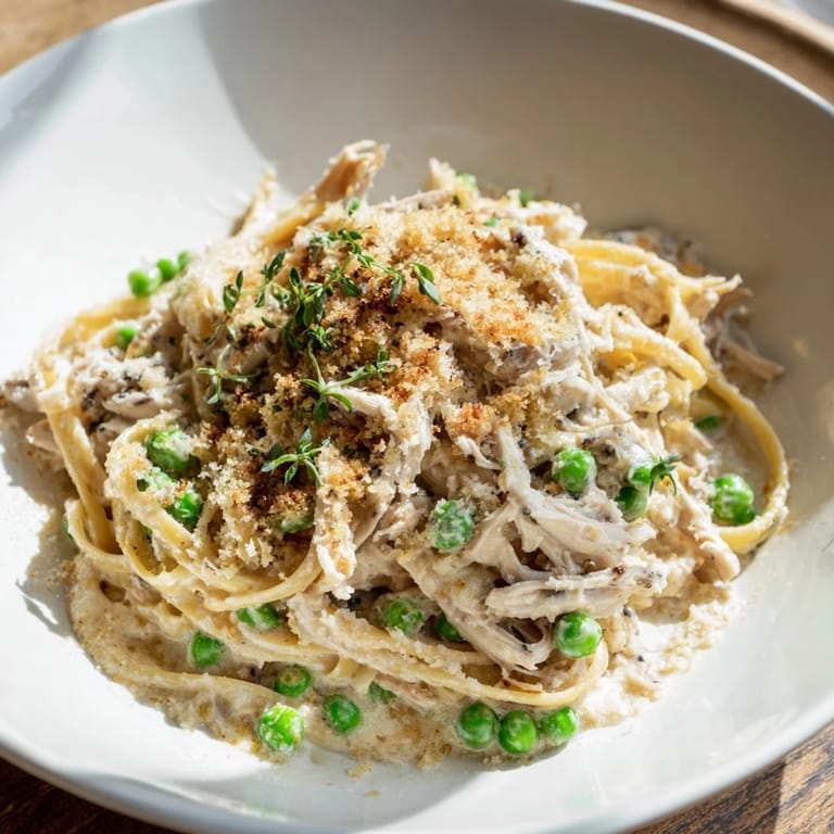 Savory Chicken Tetrazzini, a pasta casserole brimming with mozzarella and topped with crispy panko crumbs.