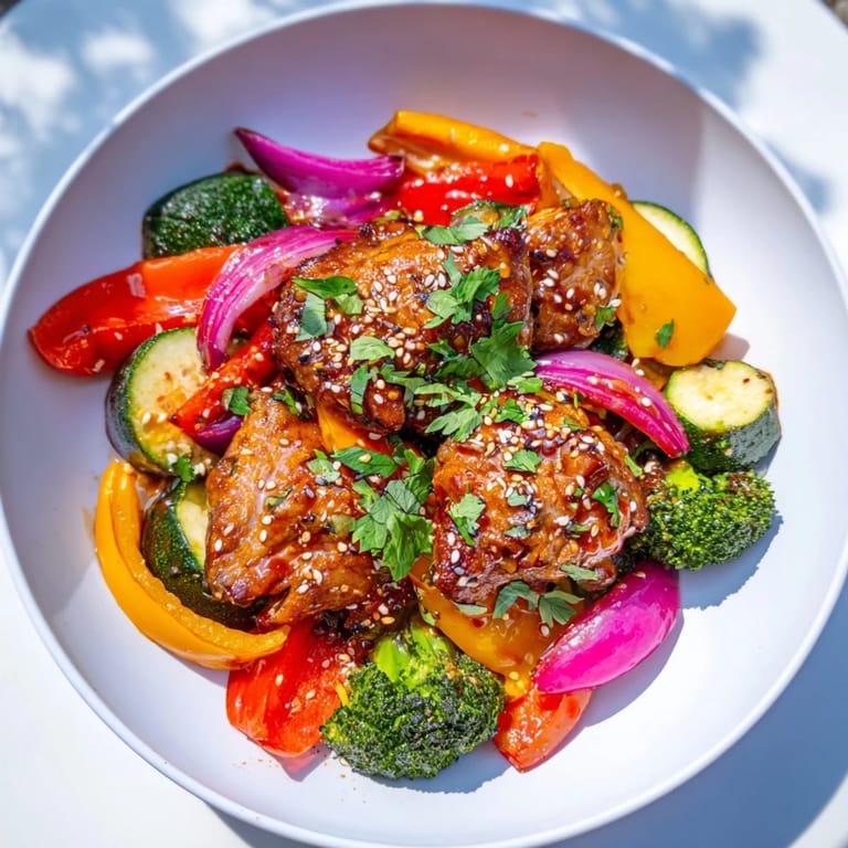 Vibrant sheet pan of Spicy Honey-Garlic Chicken, with caramelized edges and a medley of colorful bell peppers.