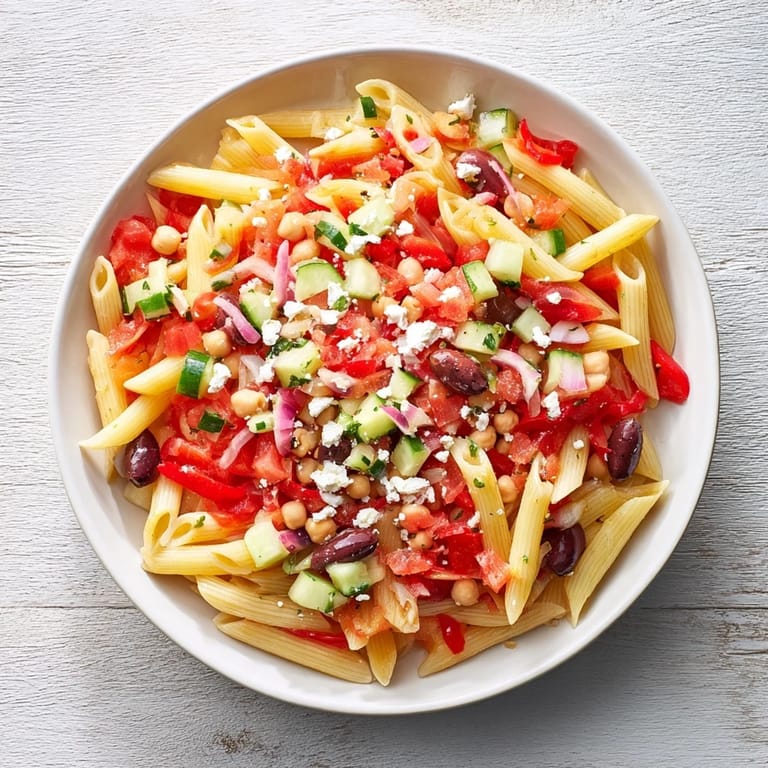 Freshly tossed Mediterranean pasta salad with chickpeas, complete with bright vegetables and a delicious dressing.