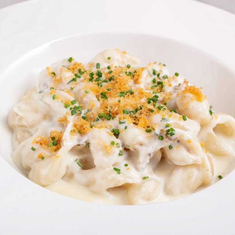 A comforting closeup showing creamy Cottage Cheese Mac and Cheese with a sprinkle of fresh herbs.