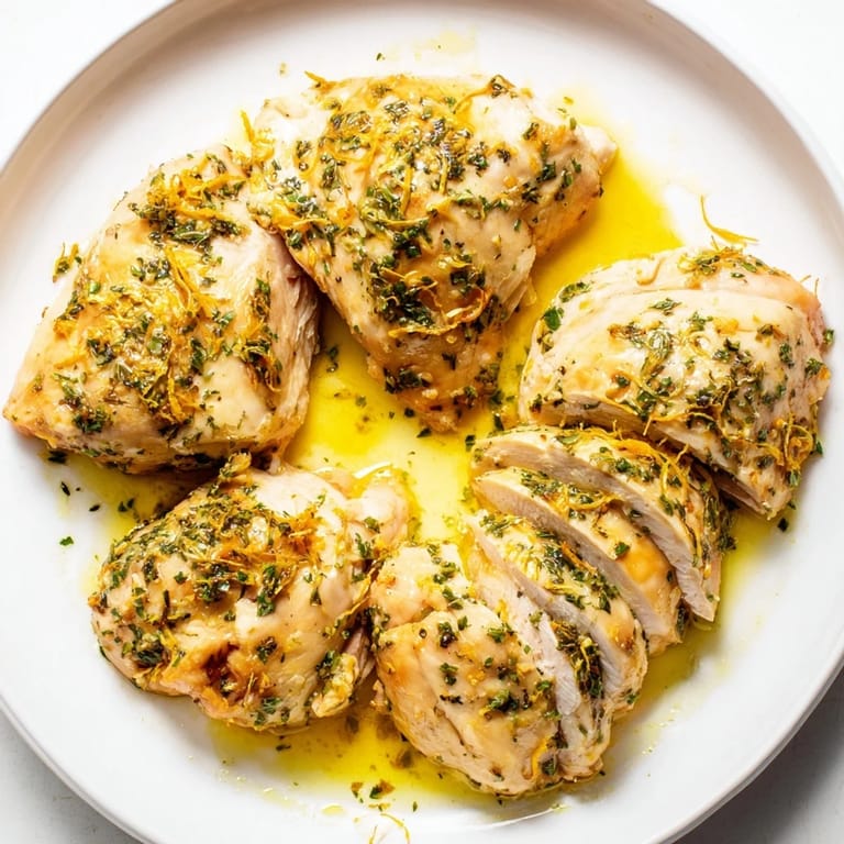 Juicy Greek Lemon Herb Chicken, perfectly cooked, resting in flavorful marinade alongside fresh parsley.