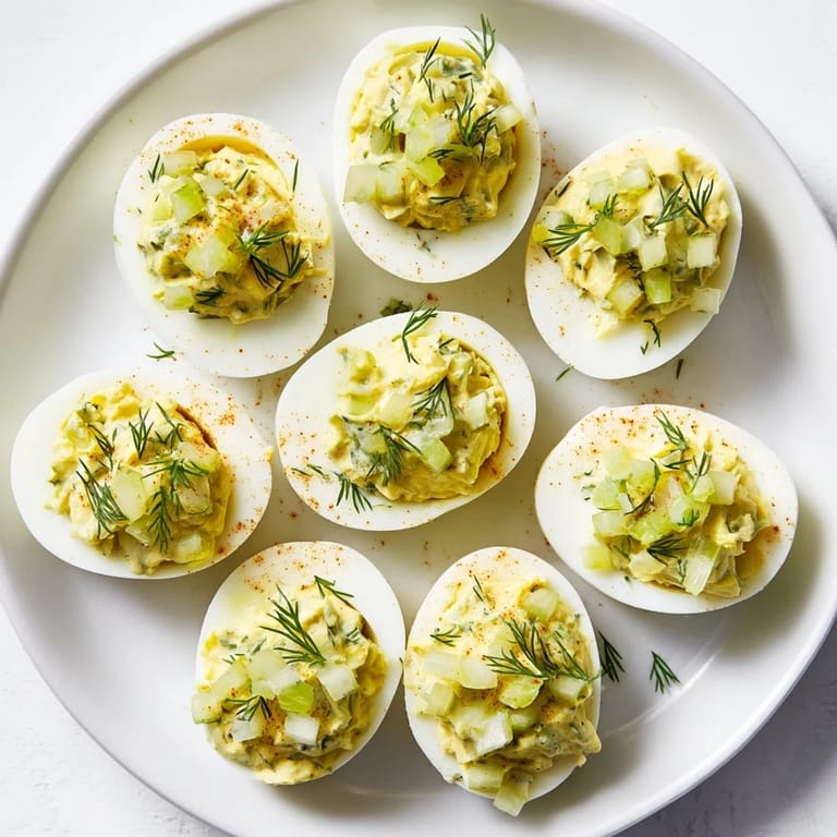 Tangy dill pickle deviled eggs, ready to serve with a garnish of diced pickles.