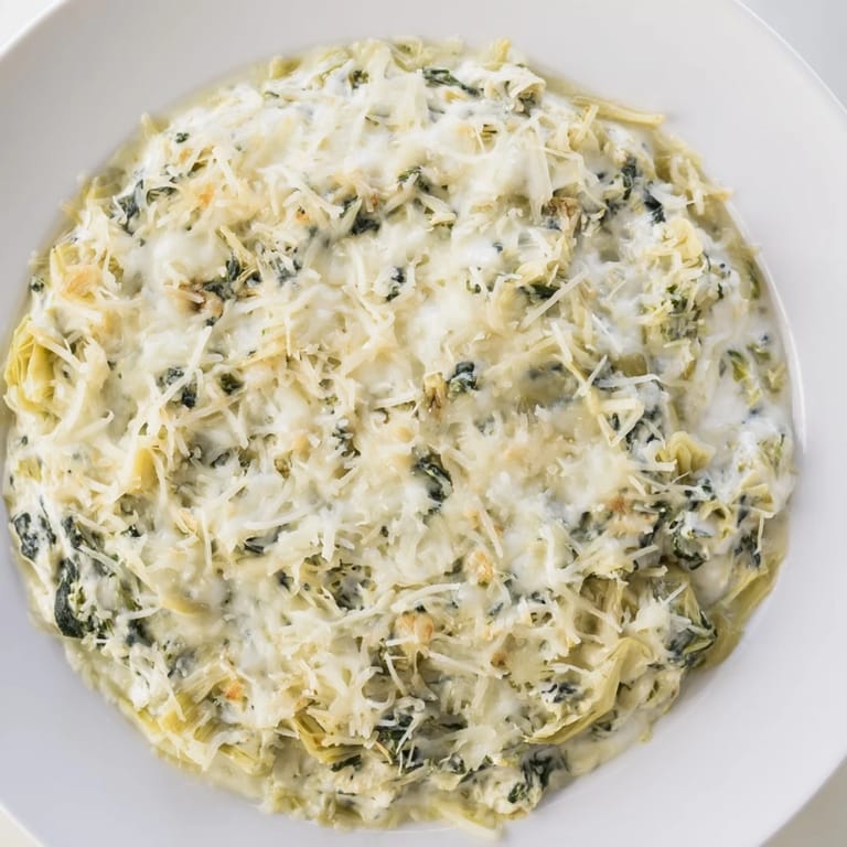 A close-up of a golden-brown Cheesy Spinach Artichoke Dip, rich and creamy, ready to devou.