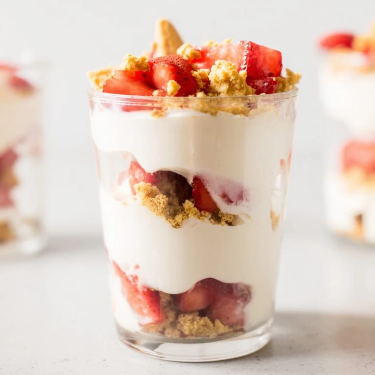 Elegant Strawberry Cheesecake Parfait recipe, visually showcasing layered dessert cups and fresh fruit toppings.