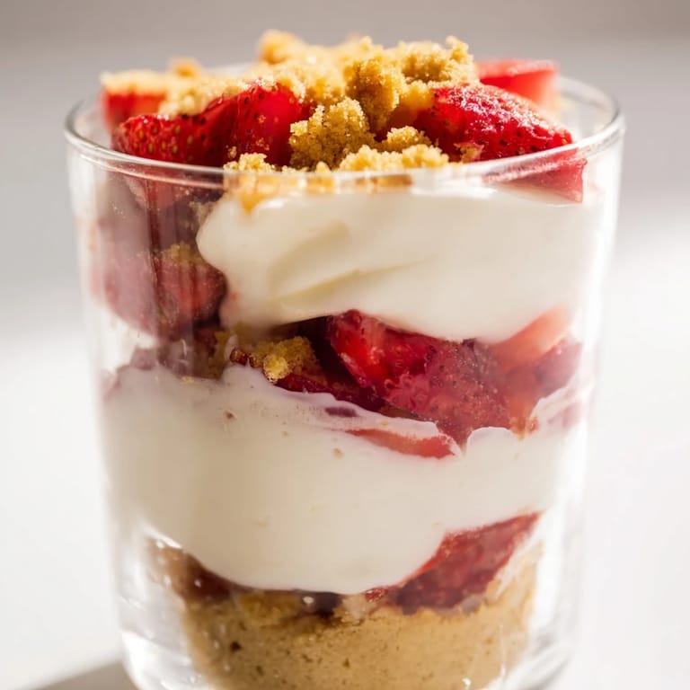 Delicious Strawberry Cheesecake Parfait dessert, ready to eat, featuring a vibrant strawberry and cookie crust.