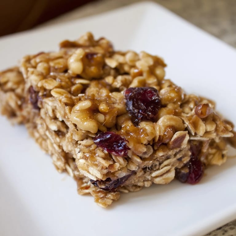 A close-up of baked maple cinnamon oatmeal bars, with visible oats, ready for a tasty bite.