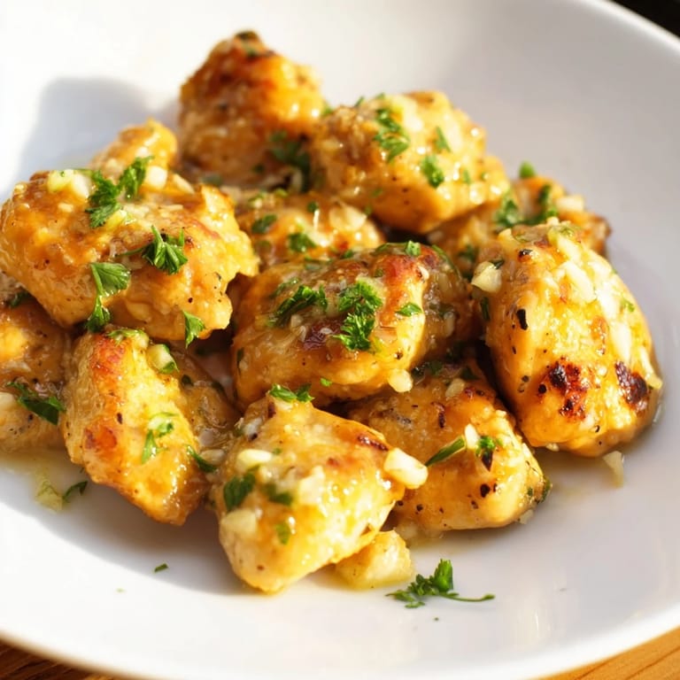 Close-up of savory garlic butter chicken bites, with fresh parsley, ready on a white plate.