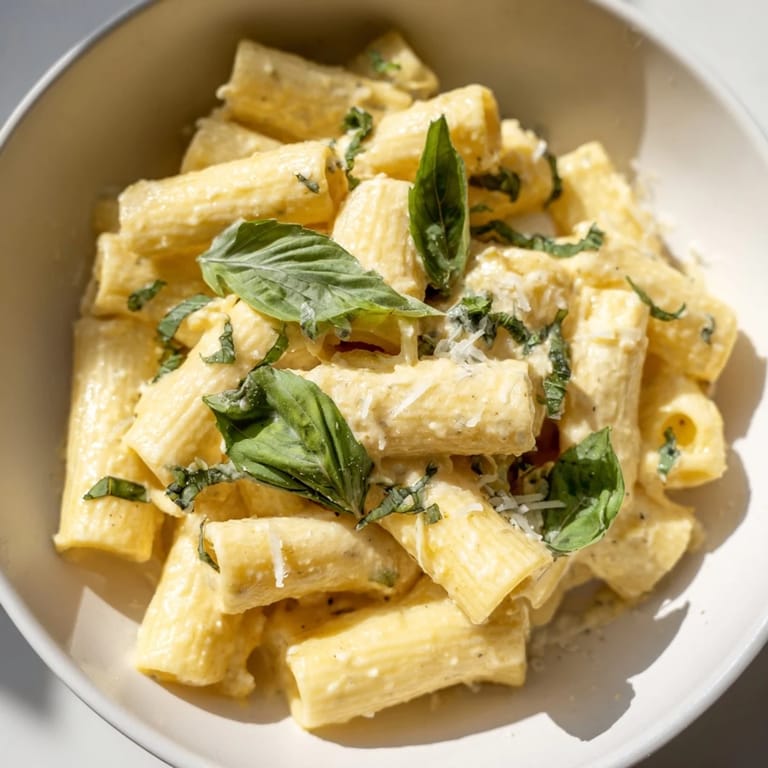 Close-up of a delightful plate of cottage cheese pasta, perfectly blended, a quick, easy, healthy meal.