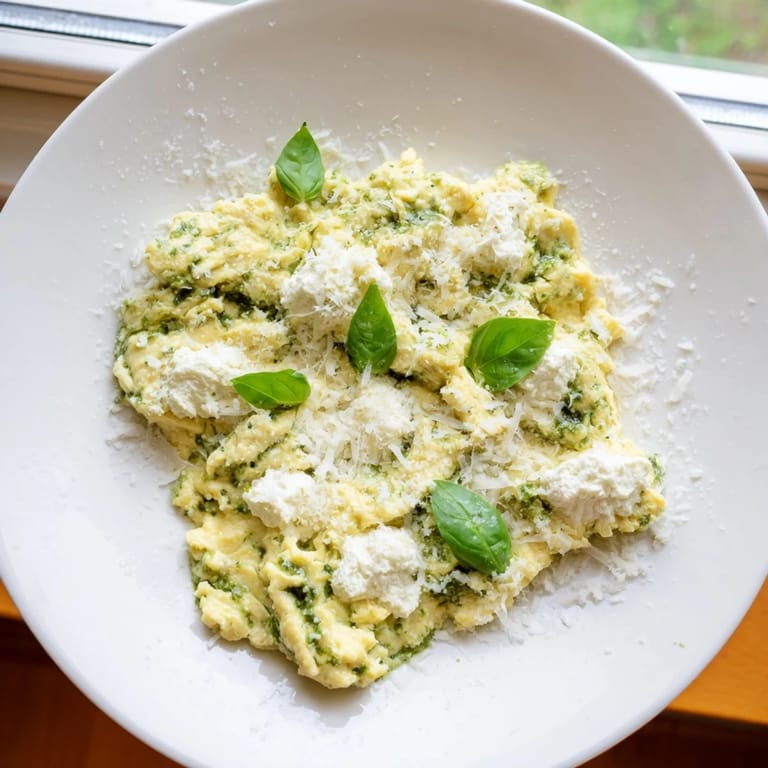 Creamy scrambled Pesto Cottage Cheese Eggs, bursting with fresh pesto flavor, served with crusty toast.