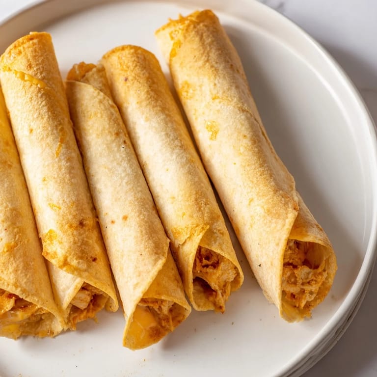 Air Fryer Taquitos, offering a close-up view of perfectly browned taquitos with a savory chicken and cheese filling.