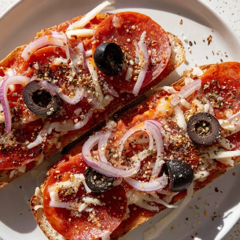 Perfectly broiled Pizza Toast 2.0 boasts layers of melted mozzarella and provolone, a cheesy delight.