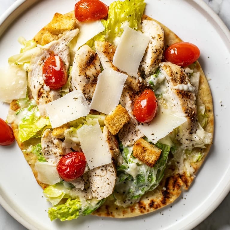 Up-close view of a fully loaded Chicken Caesar Flatbread, ready to eat, bursting with flavor and textures.