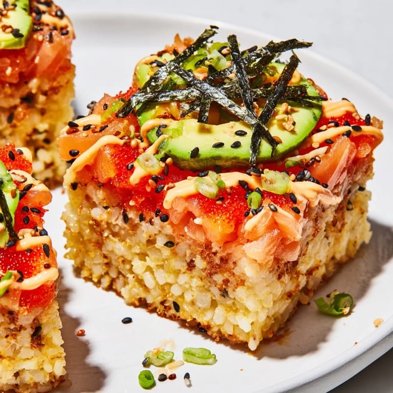Close-up of crispy rice salmon stacks: a delicious fusion of textures and flavors on a plate.