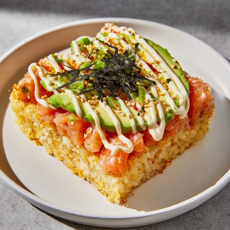 Stacked, flavorful crispy rice salmon, featuring golden rice and fresh, vibrant toppings.