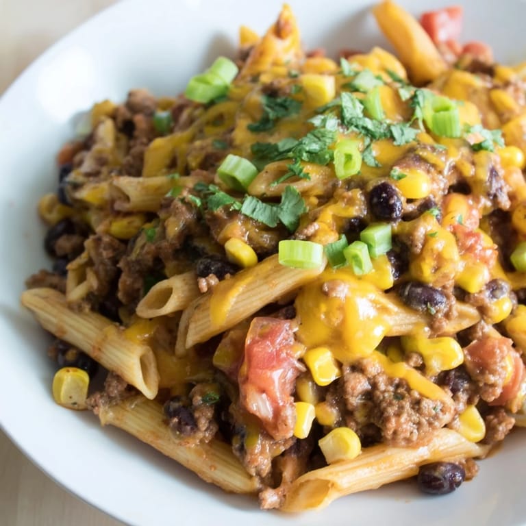 Delicious and creamy Cheesy Taco Pasta simmering, with visible chunks of seasoned ground beef.