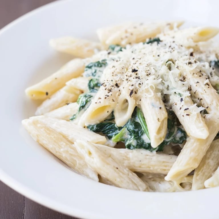 A close-up of the delicious Creamy Spinach Pasta, highlighting the creamy sauce and tender pasta.