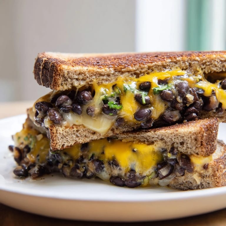 Close-up of a crispy, toasted Black Bean Grilled Cheese, cut in half, revealing the flavorful bean interior.