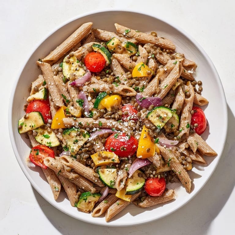 Warm bowl of lentil pasta mingling with colorful vegetables, offering comfort in every delicious forkful.