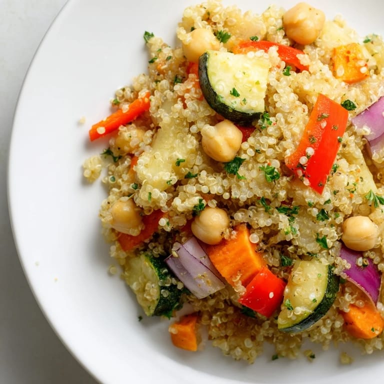 Enjoy a healthy Quinoa Power Salad: fluffy quinoa, vibrant roasted veggies, and a tangy lemon dressing.