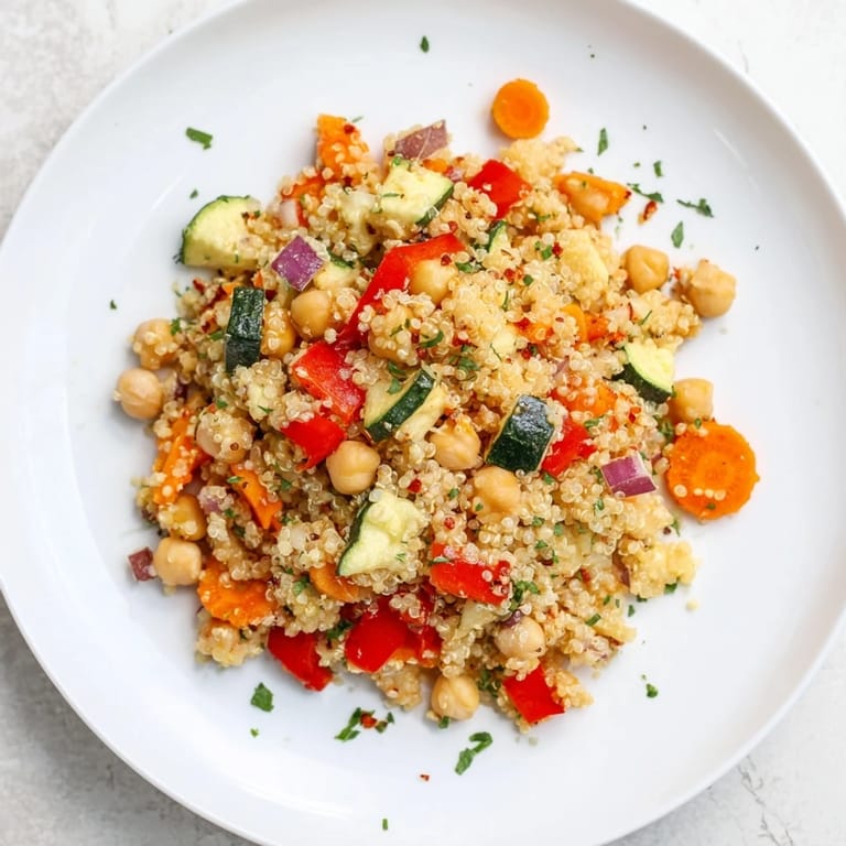 Freshly tossed Quinoa Power Salad, overflowing with tender roasted vegetables and flavorful chickpeas.