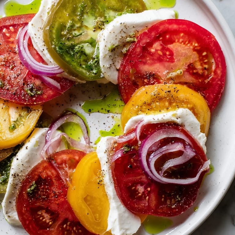 Bright and flavorful Summer Tomato Salad with basil oil and creamy mozzarella, perfect for a summer lunch.
