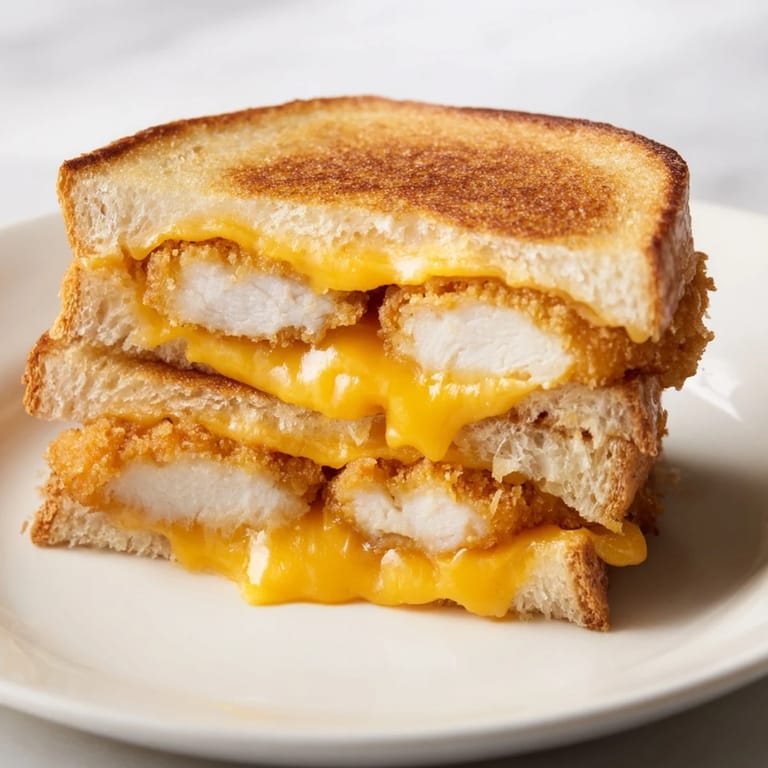 Golden-brown Chicken Nugget Grilled Cheese halves, ready to eat, offer crispy textures and cheesy goodness.