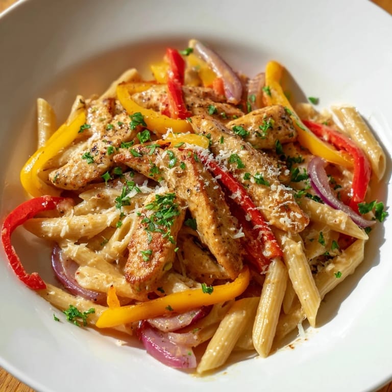 A close-up of steaming Cajun Chicken Pasta, garnished with fresh parsley and Parmesan cheese.