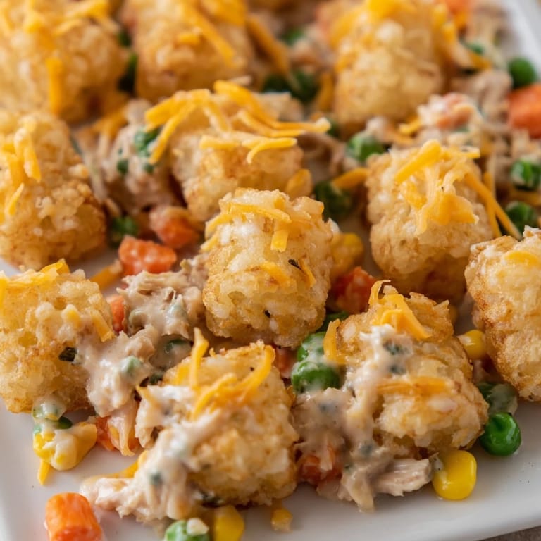 This warm Crispy Tater Tot Casserole shows golden tater tots baked atop a creamy chicken-vegetable filling.
