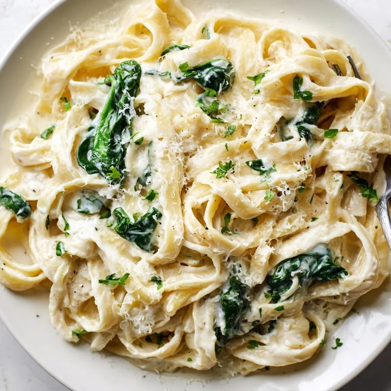 A bowl of creamy spinach fettuccine Alfredo, garnished with fresh parsley and extra Parmesan.
