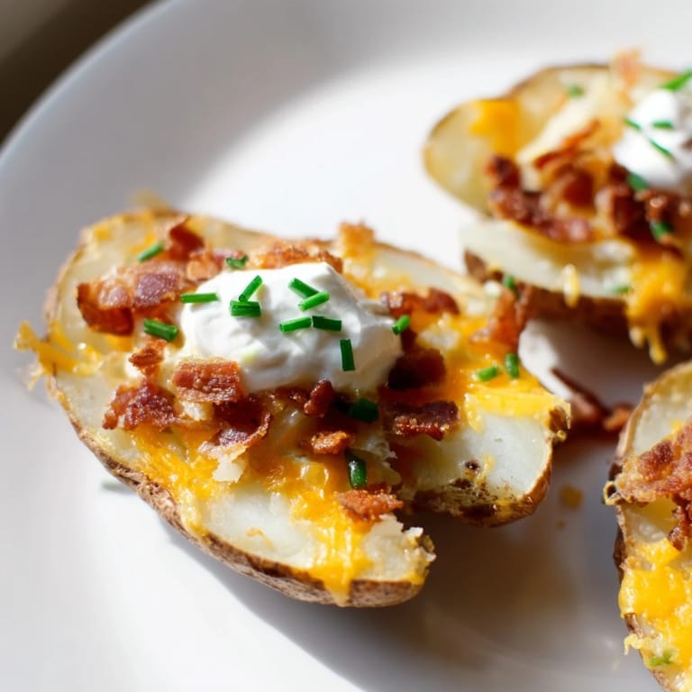 A close-up of delicious Loaded Baked Potato Skins, ready to be devoured with creamy sour cream.