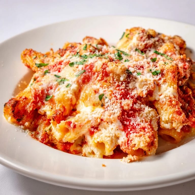 A close-up of a bubbling pan of Cheesy Baked Ziti, showcasing melted mozzarella and rich marinara.