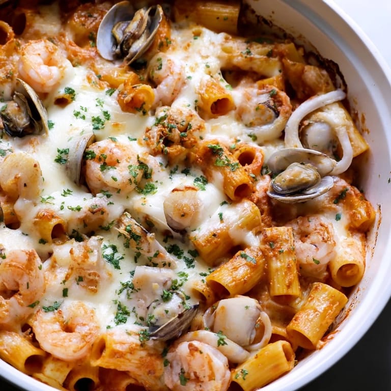 A creamy, tomato-based seafood pasta bake, piping hot and ready for a delicious meal.