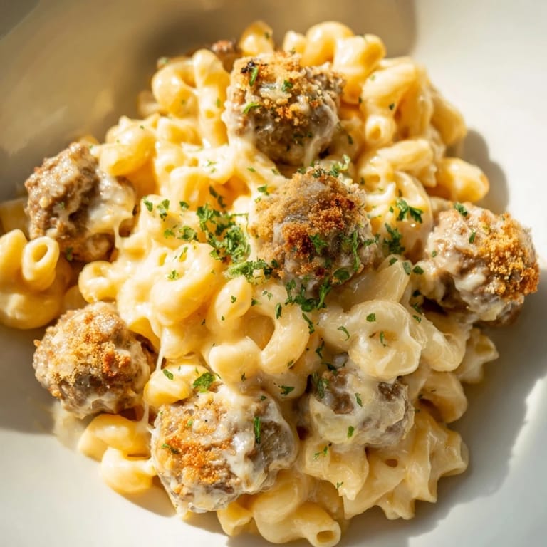 A hearty helping of creamy Mac & Cheese Meatball Bake, topped with crispy breadcrumbs and fresh parsley.