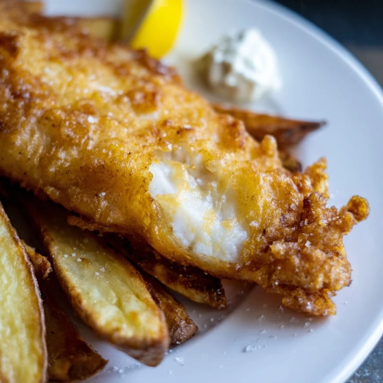 Close-up photo of steaming British fish and chips, served with malt vinegar and a creamy tartar sauce.