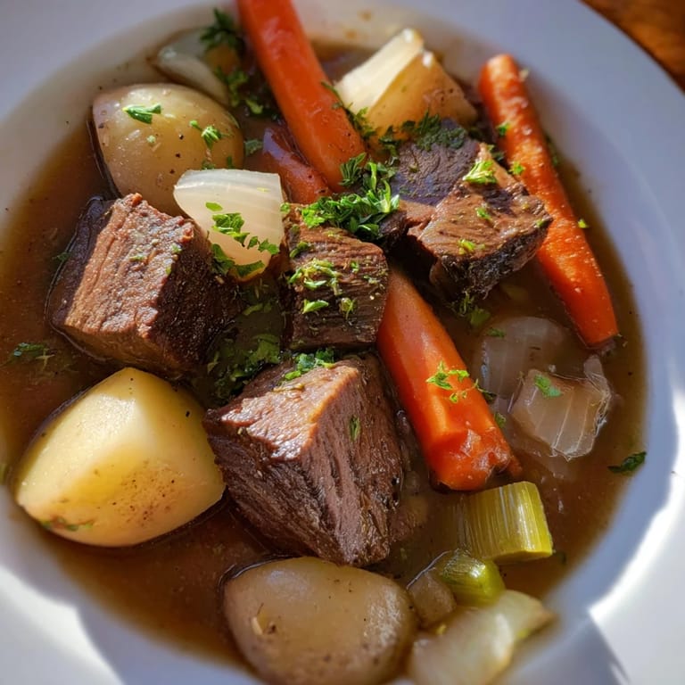 Close-up of a bubbling Irish Beef Stew, with chunks of beef and carrots visible, savory aroma.