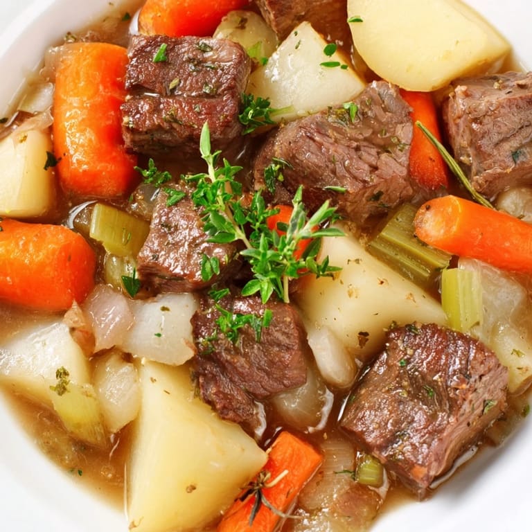 Golden light showcases the rich color of slow-cooked Irish Beef Stew, perfect for a cozy meal.