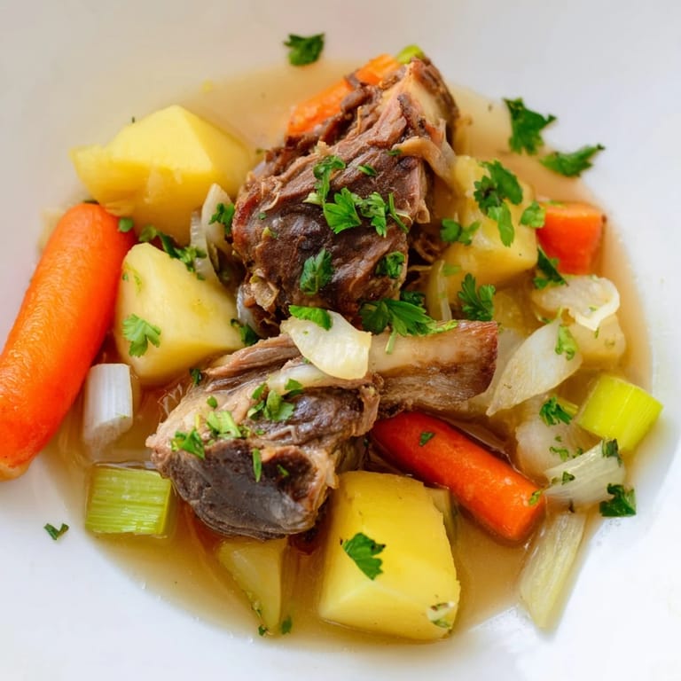 A steaming bowl of Welsh Cawl, showcasing tender lamb and earthy vegetables, ready to serve with crusty bread.