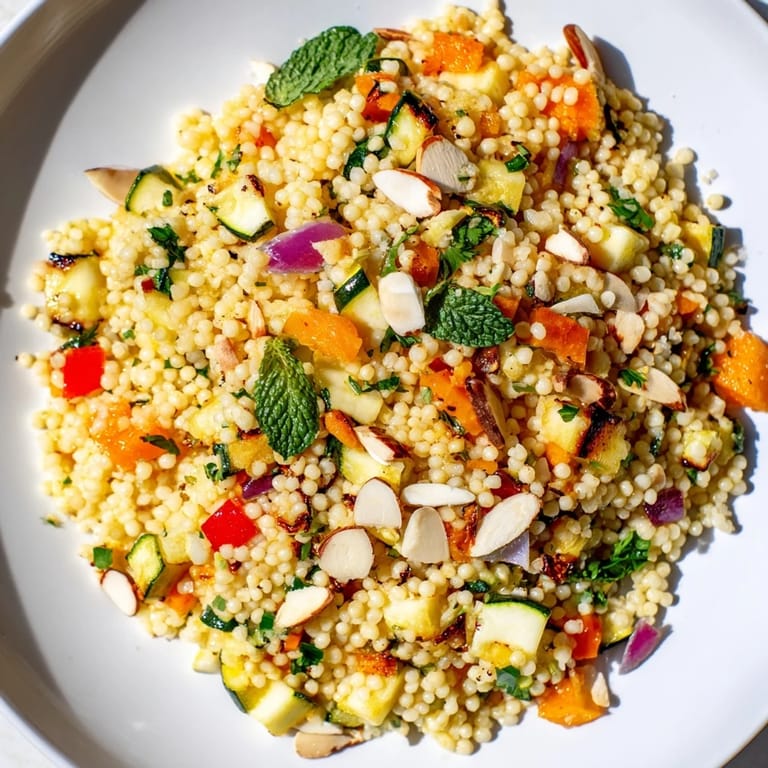 Close-up of a flavorful Moroccan couscous salad, ready to eat, with glistening textures and colors.