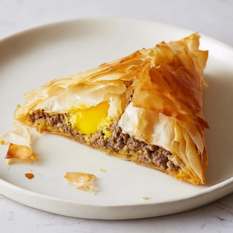 Close-up of a Tunisian Brik pastry, showcasing flaky phyllo and savory meat filling.