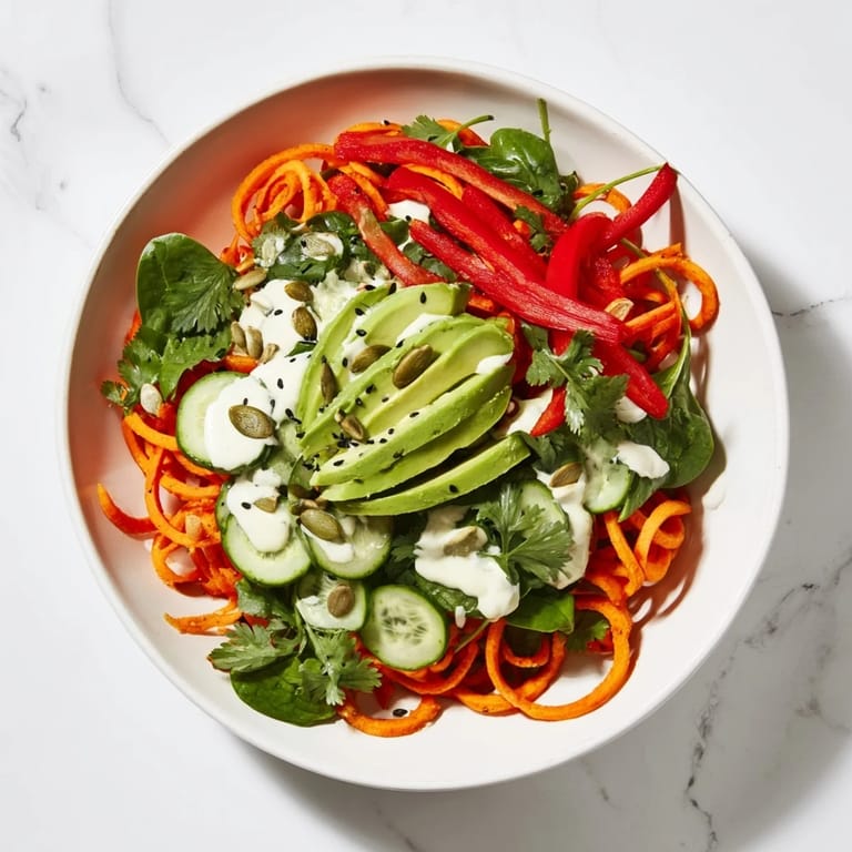Spoon lifting a bite of the vegan Carrot Noodle Skincare Bowl with sesame seeds.