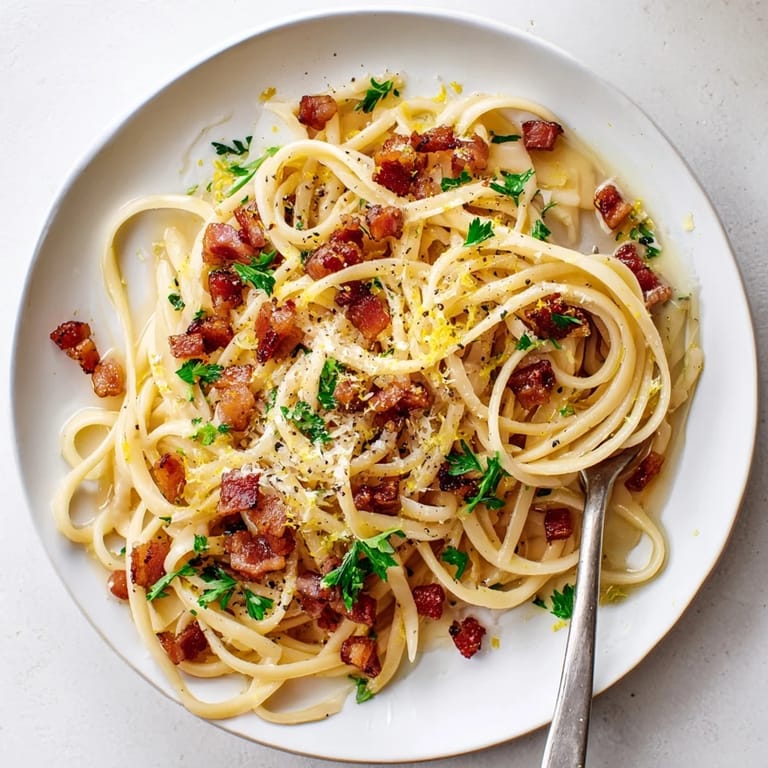 Twirling strands of linguine coated in a glossy, garlicky sauce with crispy bacon.