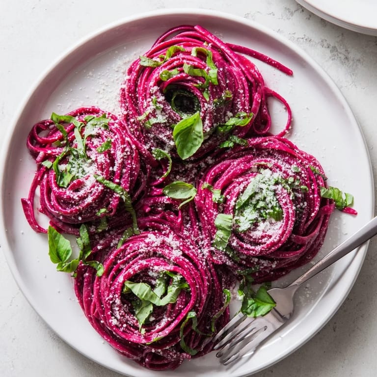 Close-up of silky homemade beet noodle pasta glistening with olive oil and fresh chopped parsley.