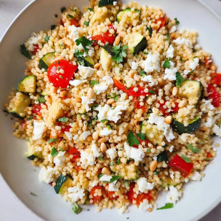 A vibrant bowl of roasted veggie couscous salad topped with feta, fresh mint, and toasted pine nuts.  