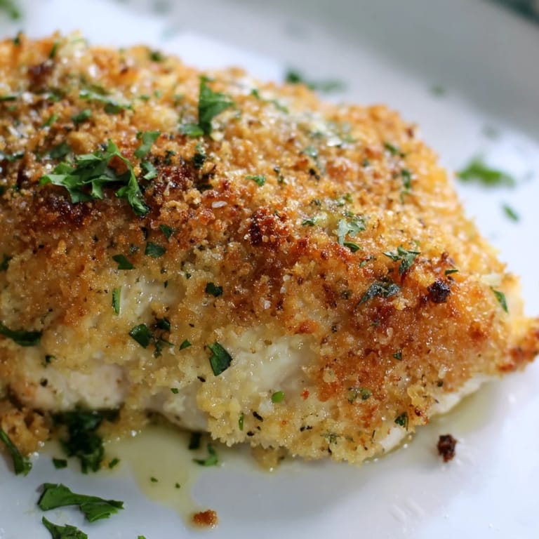 A close-up of Roasted Garlic Parmesan Chicken showing melted Parmesan and buttery garlic coating, ready to be served with green beans.