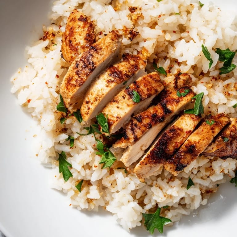 Golden, juicy grilled chicken slices sit atop steaming Garlic Butter Rice, garnished with fresh parsley and lemon wedges.  