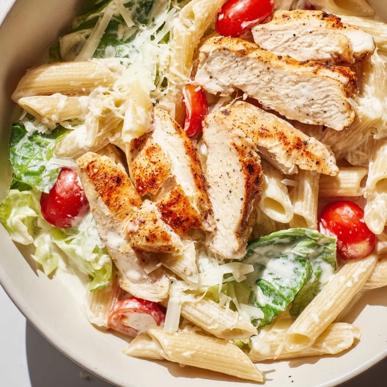 Close-up of sliced spicy grilled chicken resting on a hearty plate of Spicy Chicken Caesar Pasta and fresh romaine.