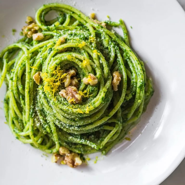 A skillet of creamy spinach walnut pasta tossed with velvety green sauce, topped with extra walnuts and lemon zest.